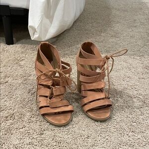 Qupid Tan Lace-Up Heels